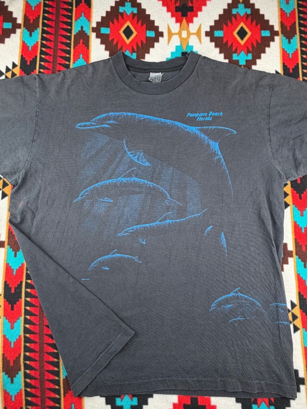 Vintage 90s Dolphin Ocean Tee Pompano Beach Florida Sherry Mig Graphic Faded L